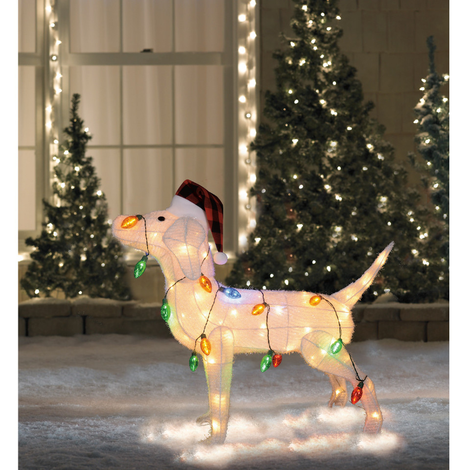 34" White Lighted 3D Standing Dog Christmas Outdoor Decoration